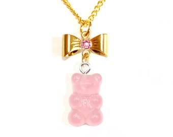 Pink Gummy Bear Necklace, Candy Charm Necklace, Bow Kawaii Choker, Cute Handmade Resin Jewelry Gift for Woman, Gold Or Silver