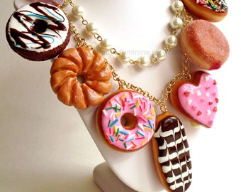 Donut Statement Necklace, Doughnut Necklace, Donut Charm, Polymer Clay Mini Food Jewelry, Kawaii Necklace, Gift Idea for Her, Pin Up Jewelry