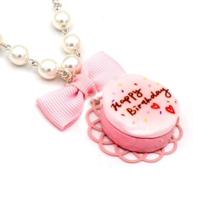 Pink Birthday Cake Charm Necklace with Bow and Pearls Kawaii Jewelry Handmade Resin Girly Gift for Her Fatally Feminine