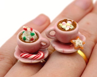 Hot Cocoa Ring Adjustable, Hot Chocolate Christmas Rings, Miniature Food Holiday Charms, Kawaii Jewelry, Gift Idea for Daughter