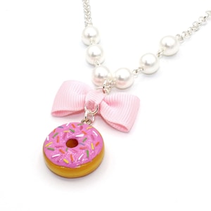 Pink Donut and Pearls Necklace, Food Necklace, Pinup Jewelry, Chocolate Doughnut Pendant, Kawaii Necklace, Polymer Clay Food, Kitsch