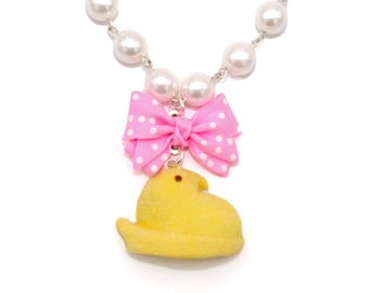 Marshmallow Chick Necklace Pink Bow Easter Jewelry Pastel Candy Miniature Food Cute Charm Jewelry for Women Handmade Kawaii Gift