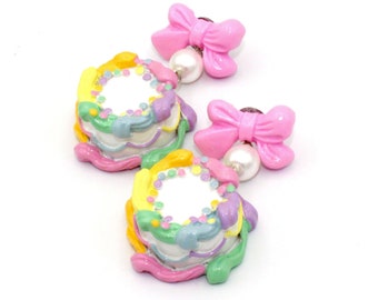 Pastel Rainbow Birthday Cake Earrings, Cakes and Bows Earrings, Kawaii Earrings, Miniature Food Jewelry, Gift Idea for Her