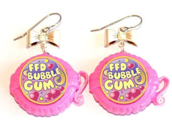 Pink Bubble Gum Statement Earrings, Kawaii Bow BubbleGum Candy Charms, Polymer Clay Miniature food jewelry, Handmade Hypoallergenic