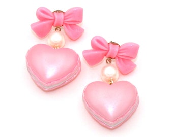 Macaron Heart Earrings Bow and Pearl Valentines Day Earrings Pink Pastel Candy Earrings Kawaii Jewelry