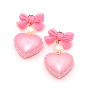 Macaron Heart Earrings Bow and Pearl Valentines Day Earrings Pink Pastel Candy Earrings Kawaii Jewelry