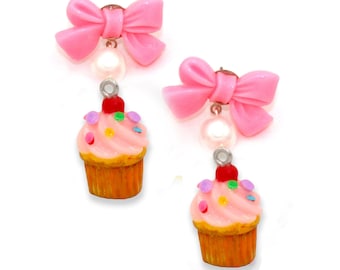 Cute Charm Jewelry for Women Pink Birthday Cake Earrings Bow Cupcake Pendant Hypoallergenic Steel Handmade Kawaii Gift Idea for friend