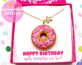 Personalized Donut Necklace Handmade Cute Charm Jewelry for Women Pink Kawaii Birthday Gift for Best Friend Gold Initial Pendant