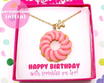 Kawaii Birthday Gift for Best Friend Personalized Donut Necklace Cute Charm Jewelry for Women Pink Handmade Gold Initial Pendant