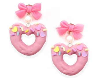 Pink Heart Statement Earrings Bow Kawaii Pastel Purple Donut Cute Charm Jewelry for Women Handmade Gift for Girlfriend Hypoallergenic Lolita