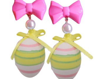 Easter Egg Earrings, More Colors and Styles, Hypoallergenic, Pink Pastel Bow and Pearl Easter Earrings, Kawaii Earrings, Novelty Earrings