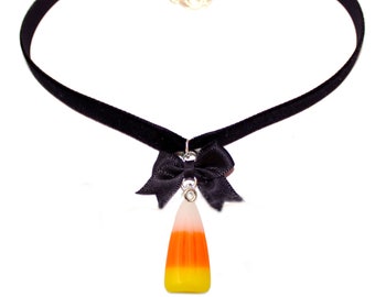 Autumn Kawaii Spooky Candy Corn Velvet Choker Necklace Black and Orange Cute Charm Jewelry for Women Handmade Gift Fatally Feminine