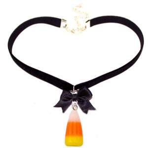 Autumn Kawaii Spooky Candy Corn Velvet Choker Necklace Black and Orange Cute Charm Jewelry for Women Handmade Gift Fatally Feminine