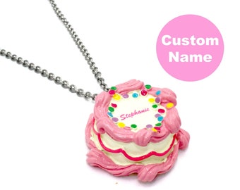 Cute Charm Jewelry for Women, Custom Name Necklace, Pink Kawaii Birthday Gift for Friend Handmade Cake Pendant Fatally Feminine