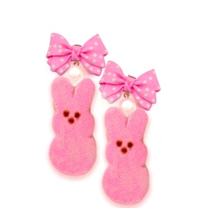 Marshmallow Bunny or Chick Earrings Pin Up Jewelry Pearls and Bow Easter Jewelry Pastel Candy earrings Miniature Food Jewelry Kawaii jewelry