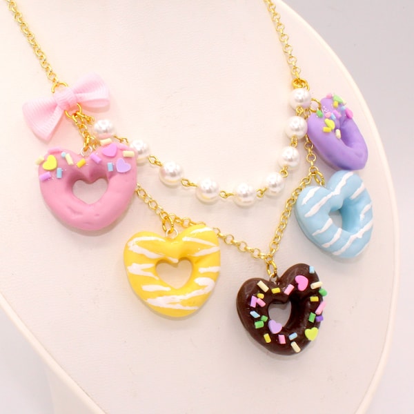 Kawaii Statement Necklace Pastel Rainbow Heart Donut Cute Charm Jewelry for Women Gift for Girlfriend Handmade EGL Accessories Gold Silver