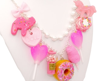 Pink Candy Necklace, Pink Charm Statement Necklace, Pink Donut Pendant, Rock Candy Charm, Cotton Candy, Pastel Goth, Kawaii Food Jewelry