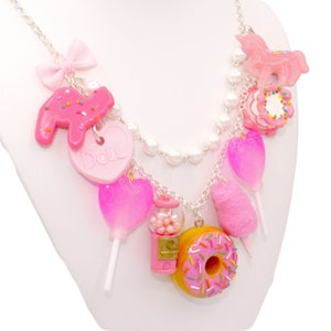 Pink Candy Necklace, Pink Charm Statement Necklace, Pink Donut Pendant, Rock Candy Charm, Cotton Candy, Pastel Goth, Kawaii Food Jewelry