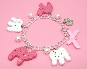 Circus Animal Cookies Charm Bracelet Frosted Animal Crackers Kawaii Pink Cute Jewelry Handmade Gift for Girl Friend Silver or Gold