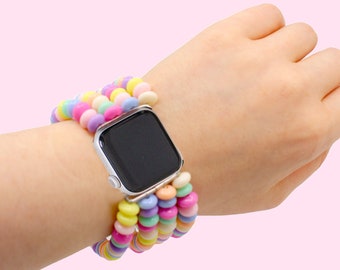 Pastel Faux Candy Smart Watch Band Replacement Rainbow Kawaii Bracelet Handmade Fits Apple SE 3 Ultra 3 Series 9 38 mm to 45 mm Silver