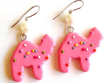 Circus Animal Cookies Earrings Frosted Animal Cookie Earring Animal Crackers Kawaii Pink Rainbow Sprinkles Cookie Pin Up Jewelry Mini Food