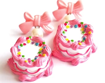 Pink Birthday Cake Earrings Cakes and Bows Earrings Pink Kawaii Earrings Kawaii Jewelry Birthday Jewelry Cake Jewelry