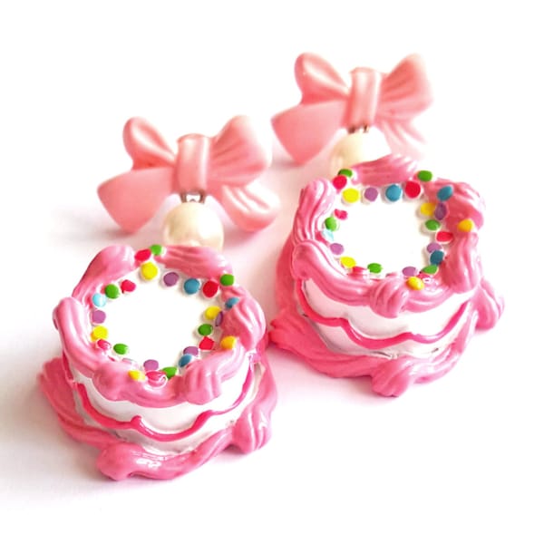 Pink Birthday Cake Earrings Cakes and Bows Earrings Pink Kawaii Earrings Kawaii Jewelry Birthday Jewelry Cake Jewelry