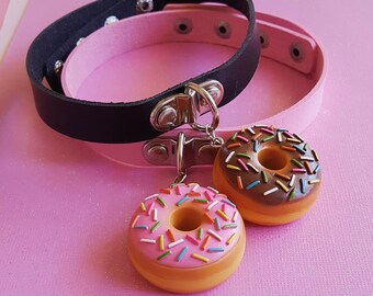 Pink Donut Necklace, Large Doughnut Choker Necklace, Black Vegan Leather, Food Kawaii Jewelry Handmade Resin Gift for Friend, Adjustable