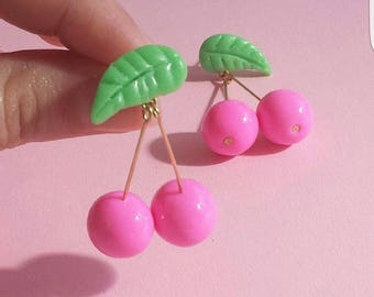 Rockabilly Pinup Pink Cherry Earrings Fruit Earrings Kawaii Cherry Earrings Fruit Jewelry Food Jewelry Kitsch