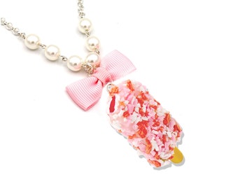 Strawberry Shortcake Bar Pearl Necklace, Hypoallergenic Steel, Pink Popsicle Jewelry, Lolita Necklace, Novelty Jewelry, Ice Cream Charm