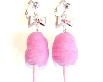 Clip-On Pink Cotton Candy Earrings Carnival Cotton Candy Earrings Fairy Candy Floss Earrings Gold Kitschy Jewelry Mini Food Jewelry