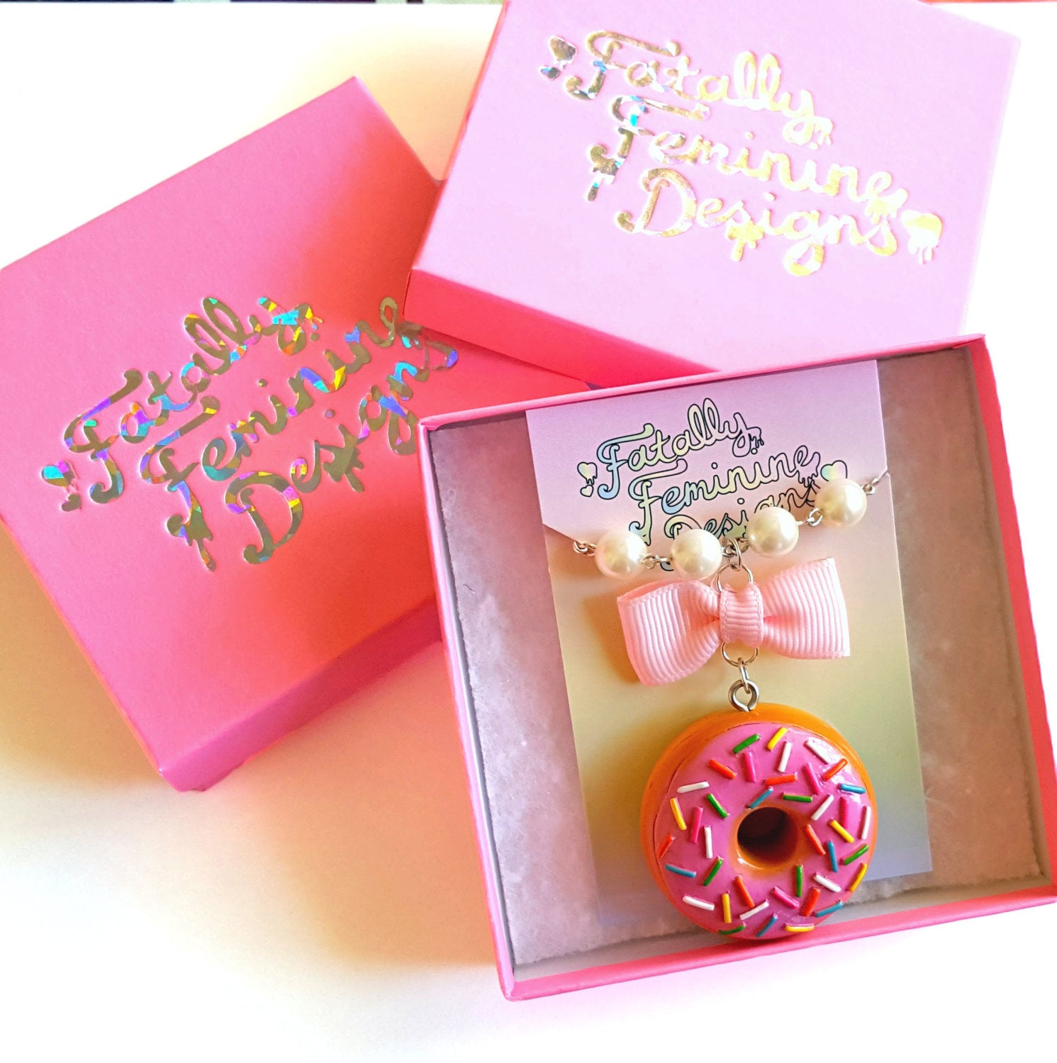 Rainbow Sprinkle Donut Necklace, Pink Doughnut Pendant Necklace 