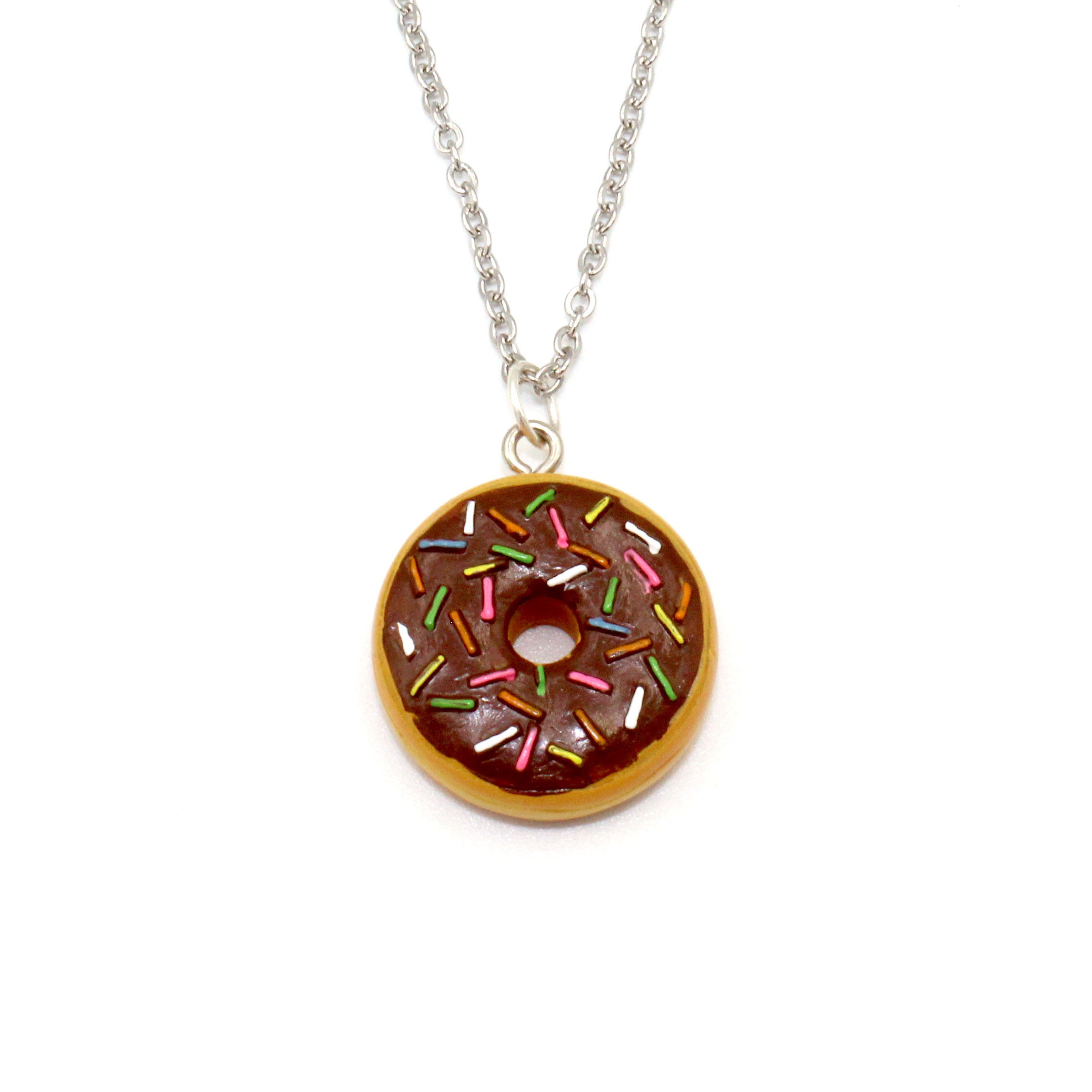 Rainbow Sprinkle Donut Necklace, Pink Doughnut Pendant Necklace 