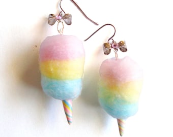 Rainbow Cotton Candy Earrings, Harajuku Cotton Candy Earrings, Carnival Cotton Candy, Kawaii Jewelry Mini Food Jewelry, Pin Up Earrings