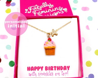 Cute Charm Jewelry for Women Happy Birthday Personalized Initial Necklace Pink Kawaii Birthday Gift for Friend Handmade Gold Cupcake Pendant