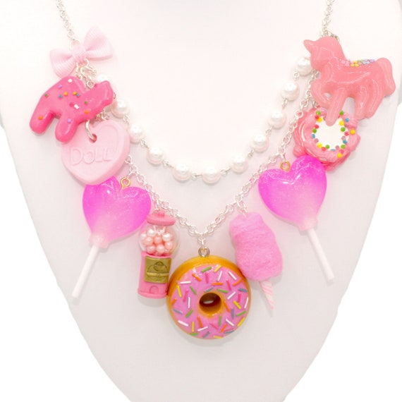Pink Candy Necklace, Pink Charm Statement Necklace, Pink Donut Pendant,  Rock Candy Charm, Cotton Candy, Pastel Goth, Kawaii Food Jewelry 