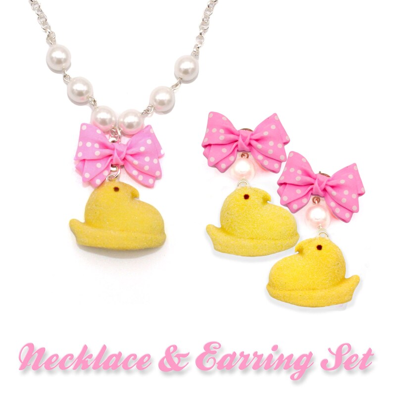 Marshmallow Chick Earrings and Necklace Set Easter Jewelry Pastel Candy Miniature Food Handmade Kawaii Jewelry Gift for Daughter