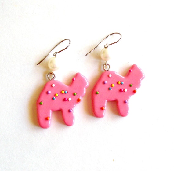 Circus Animal Cookies Earrings Frosted Animal Cookie Earring Animal Crackers Kawaii Pink Rainbow Sprinkles Cookie Pin Up Jewelry Mini Food