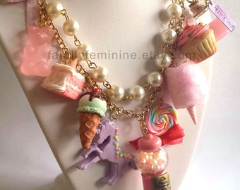 Pink Statement Necklace Kawaii Candy Statement Necklace Dessert Charms Cotton Candy Pink Gumball Machine Unicorn Couture Necklace