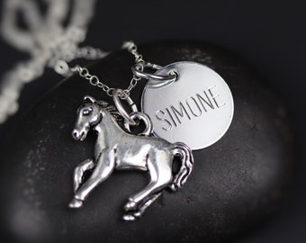 Pewter Horse Lovers Personalized Necklace with Sterling Silver Engraved Name Charm