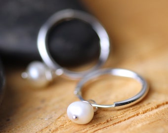 Tiny Sterling Silver 12mm/0.47 inch diameter Mini Hoops with 3mm Freshwater Pearl Dangle