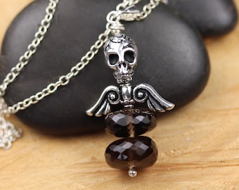 Dark Angel Pendant - Faceted Smokey Quartz Gemstone - Skull and Wings - Choice of Chain