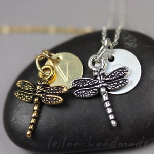 Personalized Pewter Dragonfly Charm Necklace with Sterling Silver or Gold Filled Engraved Name or Letter Disc