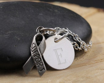 Sterling Silver Awareness Ribbon Necklace Support - Personalized with Engraved Letter Charm Name Jewelry Keepsake