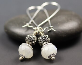 Moonstone Faceted Rondelle Earrings with decorative Pewter Bead on Long Sterling Silver Kidney Earwires