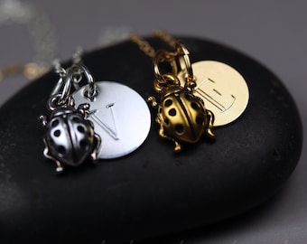 Pewter Lady Bug Necklace with Sterling Silver or Gold-Filled Engraved Letter Name Charm