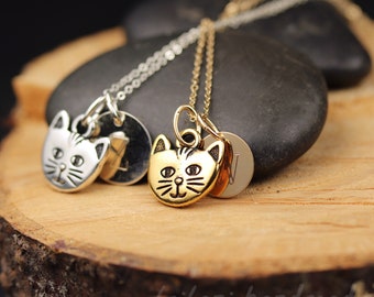 Cat Face Necklace - Sterling Silver or Gold Filled - Personalized with Engraved letter Charm - with culinary grade pewter charm