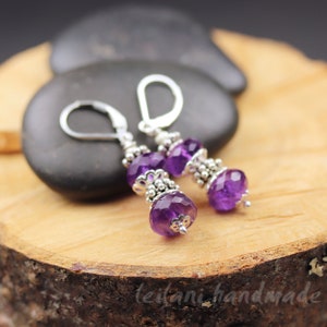 Amethyst Gemstone Faceted Rondelle Sterling Silver Leverback Earrings February Birthstone image 4