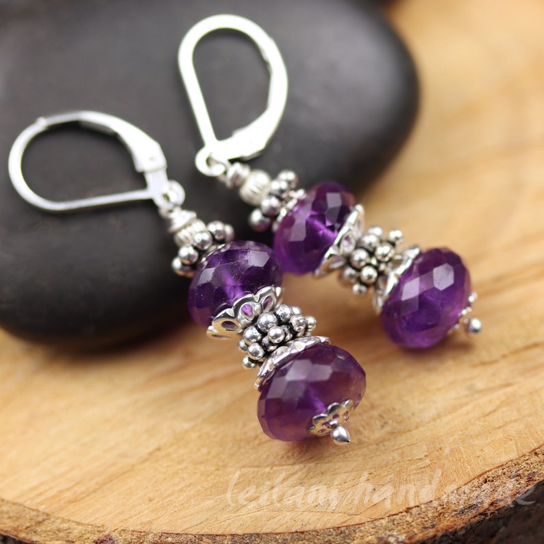 Amethyst Gemstone Faceted Rondelle Sterling Silver Leverback Earrings February Birthstone image 2