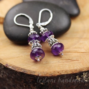 Amethyst Gemstone Faceted Rondelle Sterling Silver Leverback Earrings February Birthstone image 3